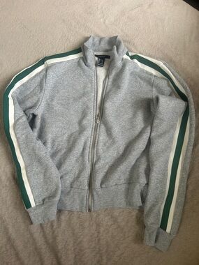 Gray Zip-Up Track Jacket with Green & White Stripes
